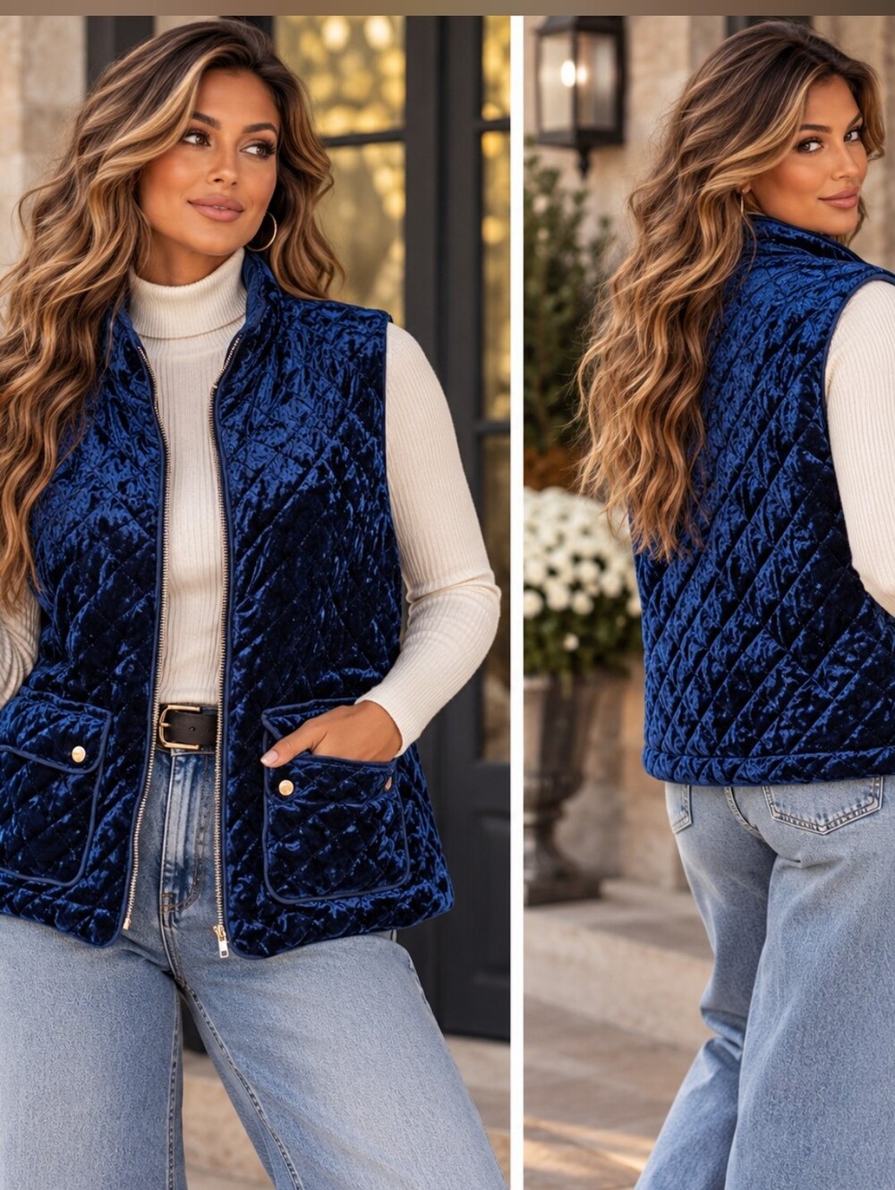 Active USA 3XL Blue Velvet Quilted Vest Zip Puffer Street Luxe Dark Feminine